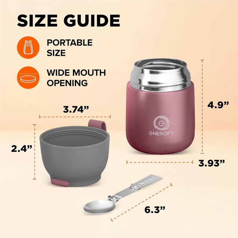 ENERGIFY Vacuum Insulated Food Jar. Large 17oz Bowl incl. Folding Spoon, Cup. Wide Mouth Keep Hot & Cold Drinks Soup Lunch Container for Adults. BPA-Free Stainless Steel, Leak Proof Rose Gold - Image 4